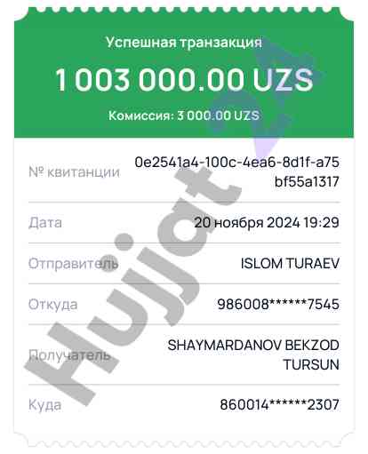 Uspeshnaya transaktsiya suma 1 003 000.00 uzs
