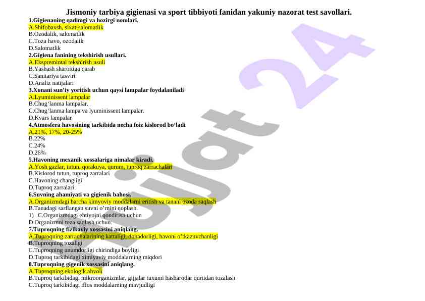 Jismoniy tarbiya gigienasi va sport tibbiyoti test savollari