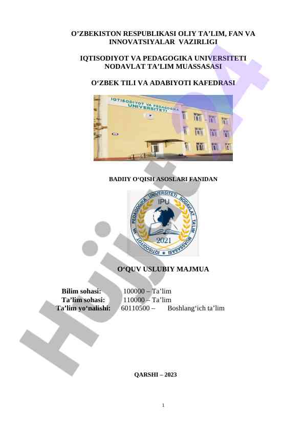 Badijy o'qish asoslari fanidan o'quv usuliy majmua