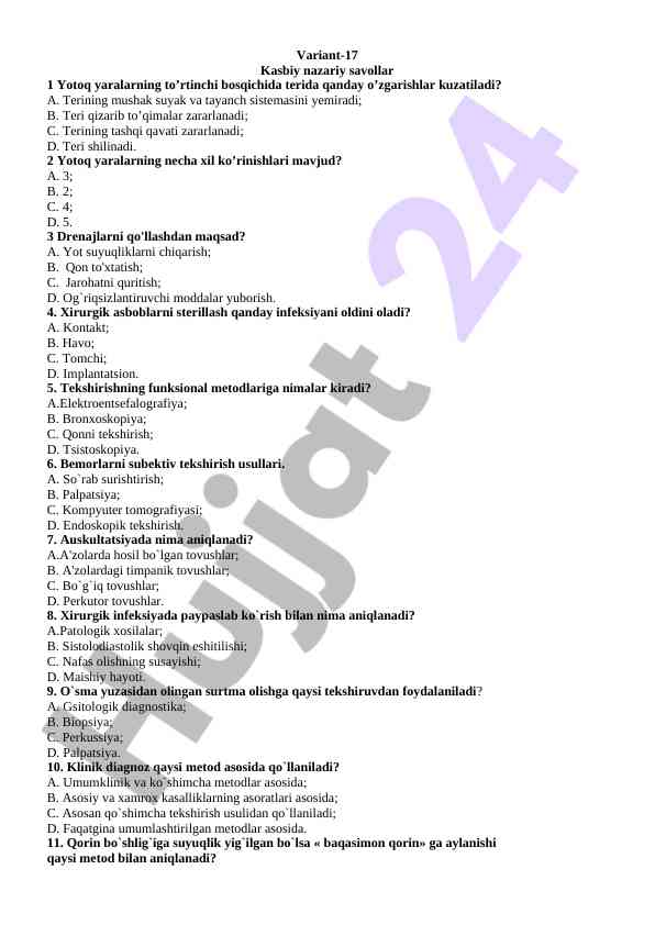 Kasbiy nazariy savollar bilan qisqa tekshiruv