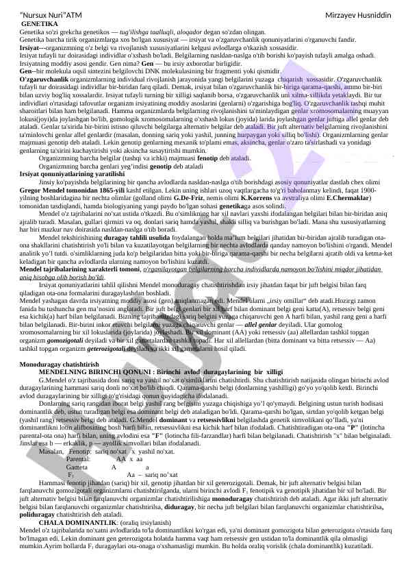 Genetika ilmi va irsiyat tushunchasi