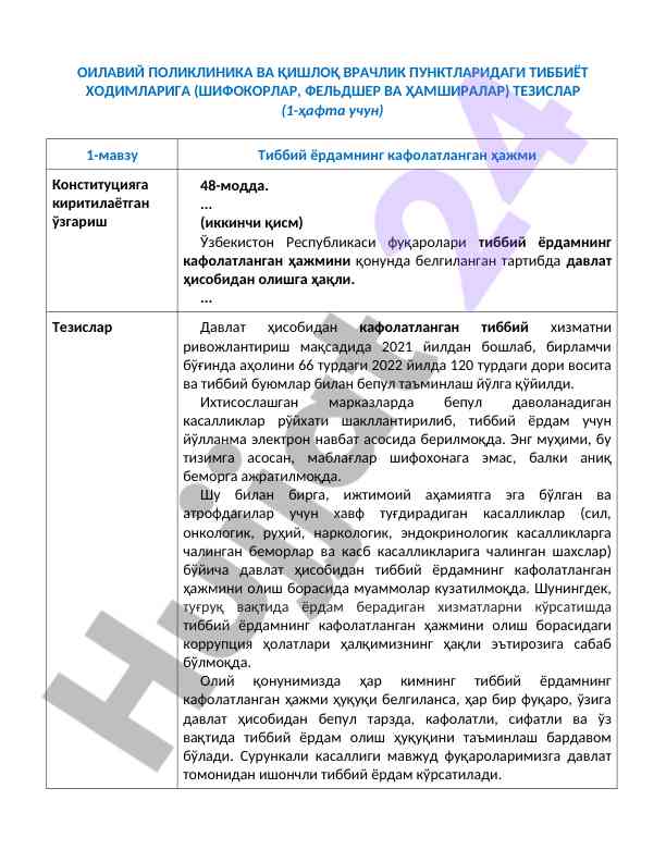 Тиббий ходимлар учун тезислар ва уланишлар