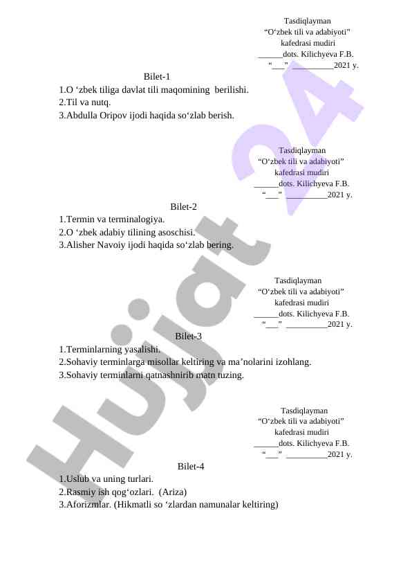 O‘zbek tili va adabiyoti bilet testlari
