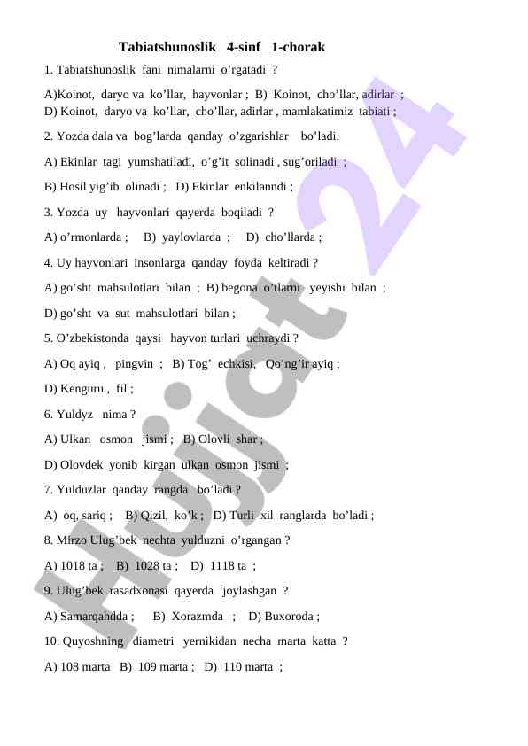 Tabiatshunoslik 4-sinf 1-chorak savollari