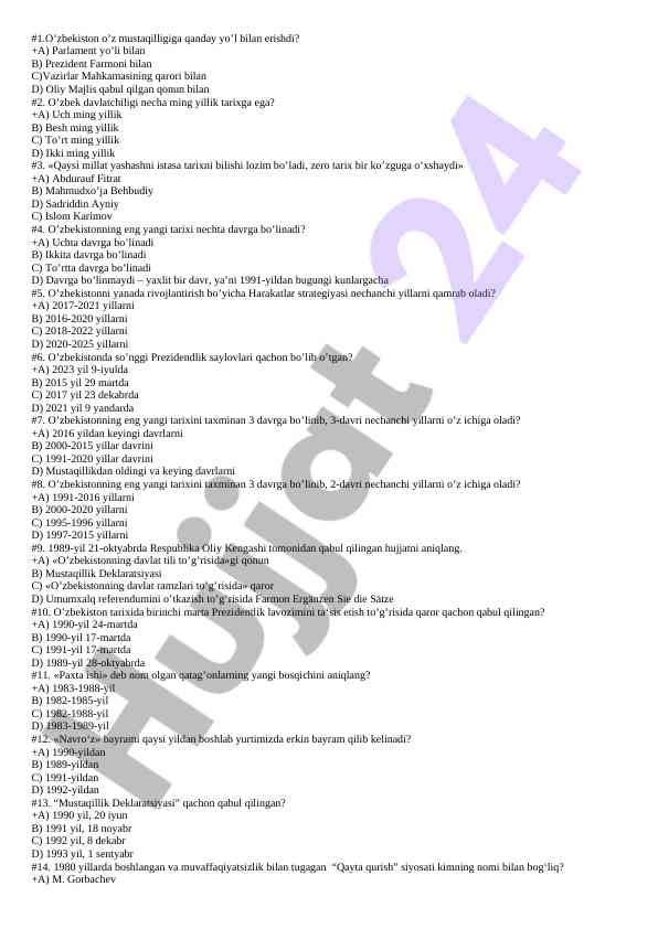O’zbekiston tarixi bo’yicha test savollari