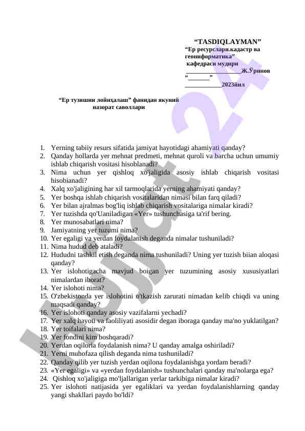 Yer tuzish fanidan yakuniy nazorat savollari