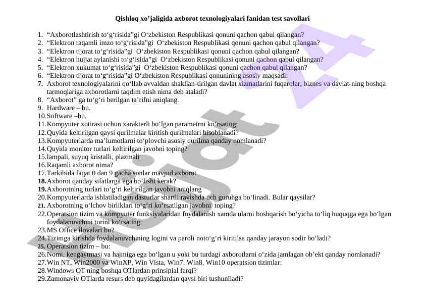 Axborot texnologiyalari fanidan test savollari