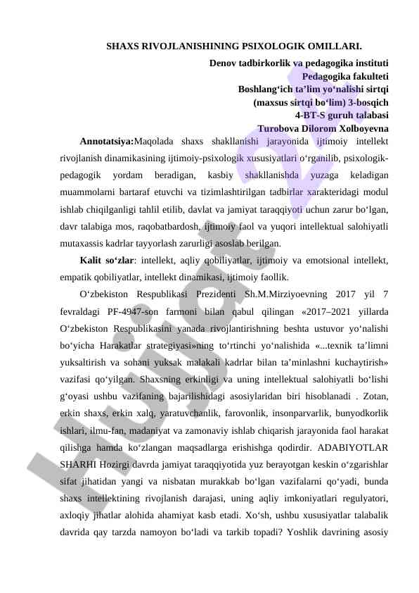 Shaxs rivojlanishining psixologik omillari tahlil