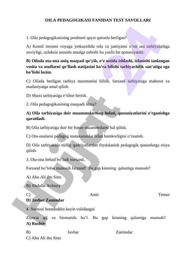 Oila pedagogikasi fanidan test savollari