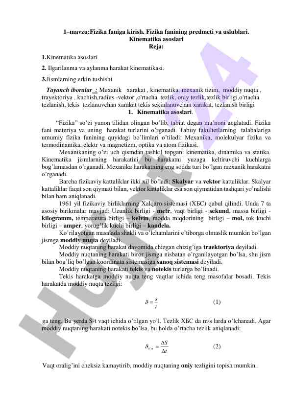 Fizika faniga kirish kinematika asoslari