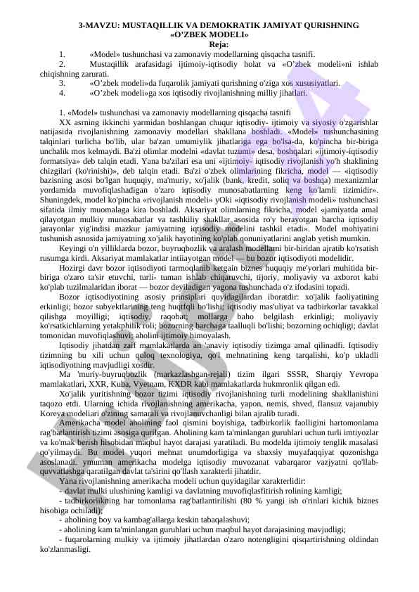O'zbek modeli va ijtimoiy-iqtisodiy rivojlanish
