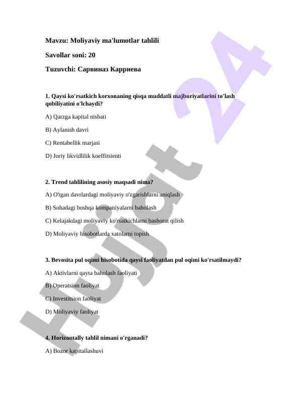Moliyaviy ma'lumotlar tahlili bo'yicha test savollari