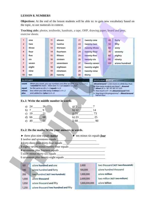 Numbers lesson plan and teaching objectives