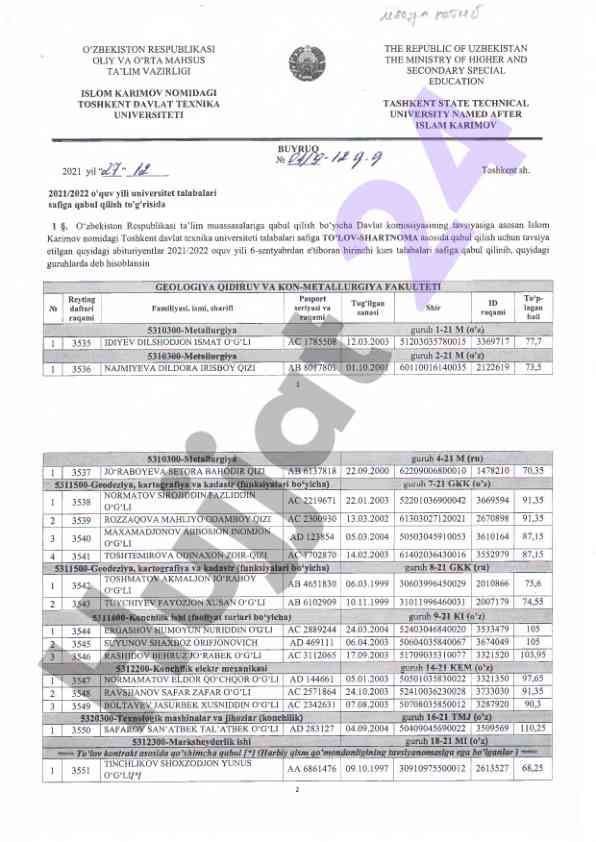 Toshkent davlat texnika universitetida talabalar qabul