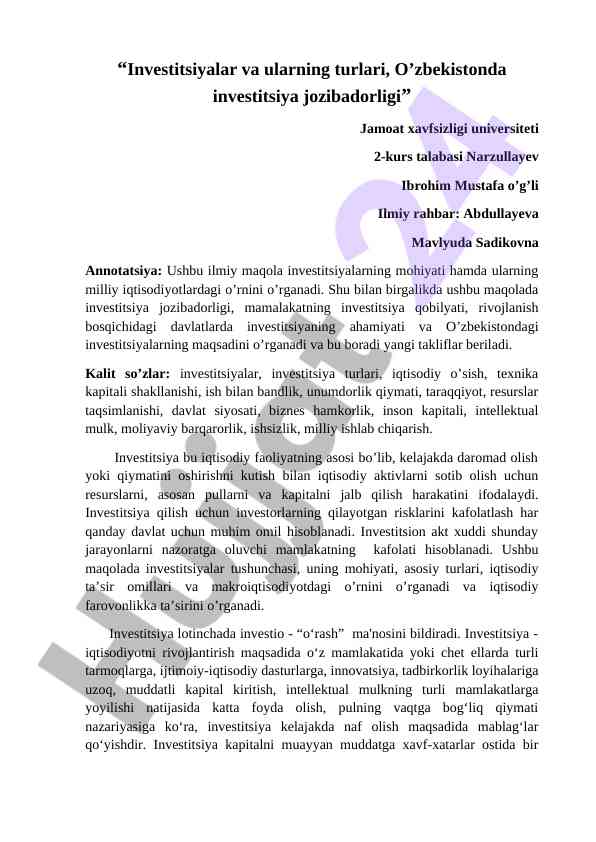 Investitsiyalar va ularining turlari o’zbekistonda