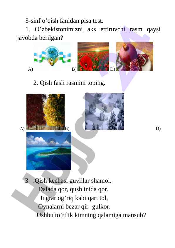 3-sinf o‘qish fanidan pisa test