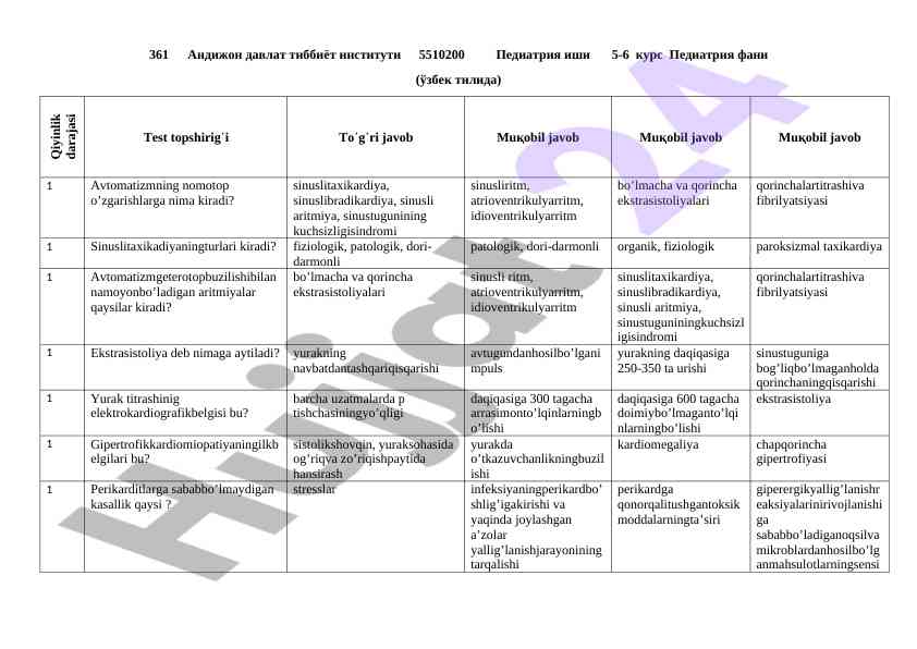 Pediatriya fani test topshirig‘i