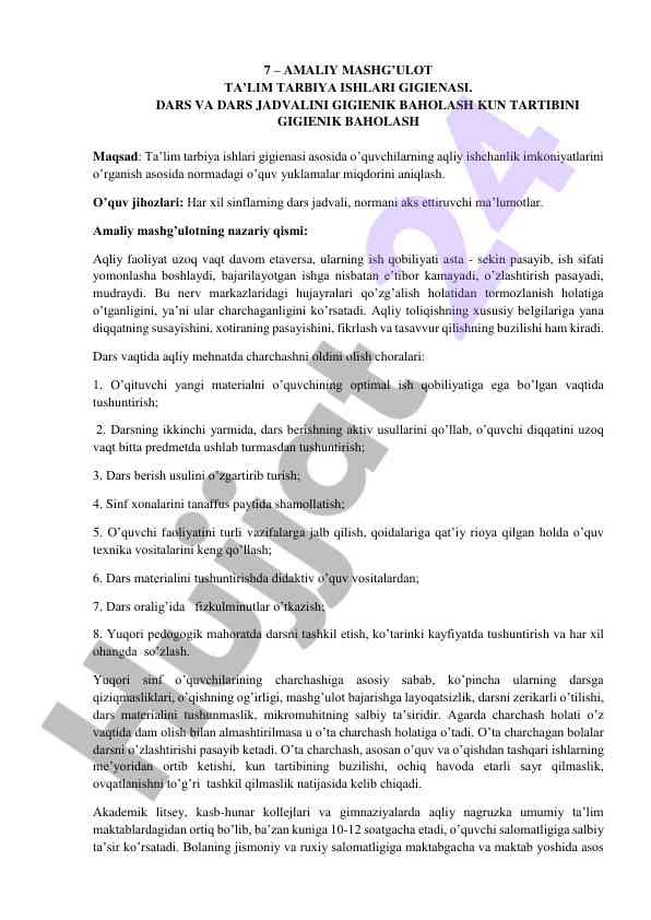 Amaliy mashg‘ulot ta’lim tarbiya ishlari gigienasi