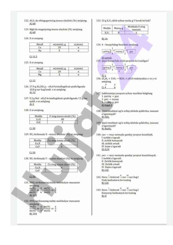 Kimyoviy moddalar bo'yicha test savollari
