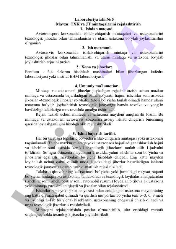 Txk va jt mintaqalarini rejalashtirish bo'yicha ish