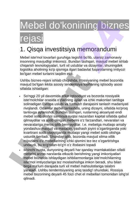 Mebel do'konining biznes rejasi va strategiyalari