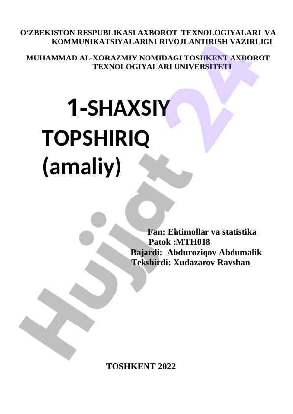 Ehtimollar va statistika fanidan shaxsiy topshiriq