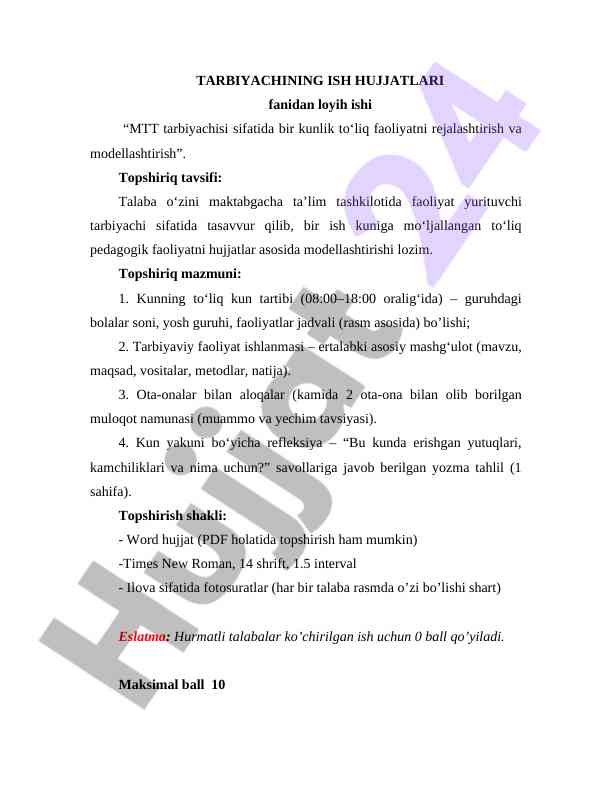 Mtt tarbiyachisi sifatida faoliyatni rejalashtirish