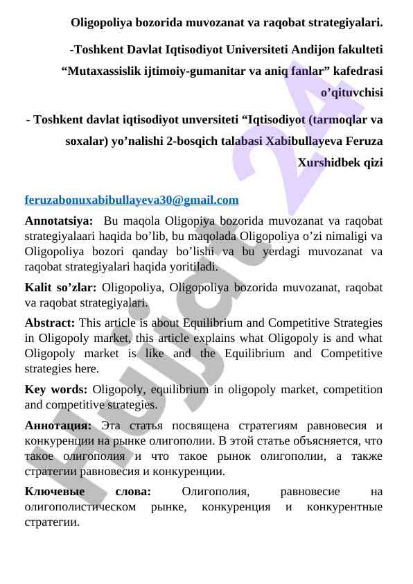 Oligopoliya bozorida muvozanat va raqobat strategiyalari