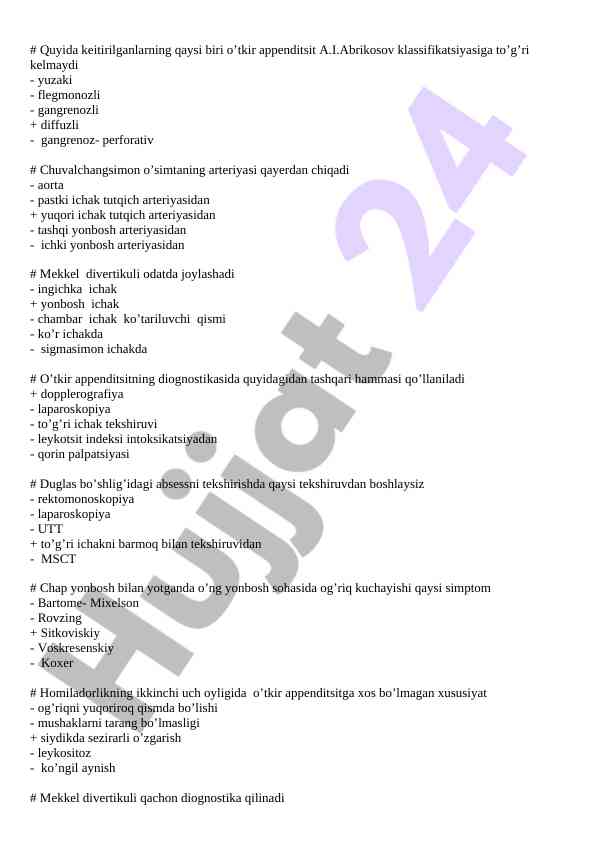 O’tkir appenditsit diagnozi bo’yicha testlar
