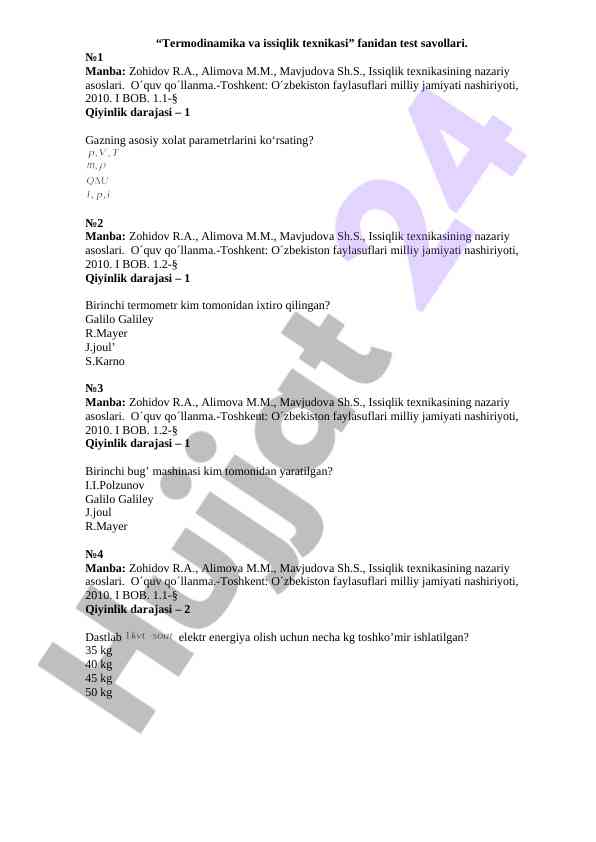 Termodinamika va issiqlik texnikasi test savollari