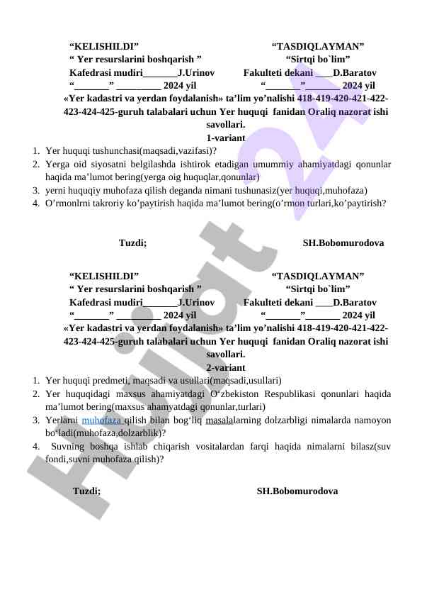 Yer huquqi fanidan oraliq nazorat ishlari savollari