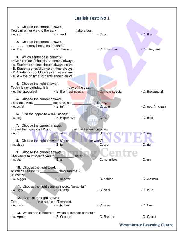 Westminster learning centre english test preparation