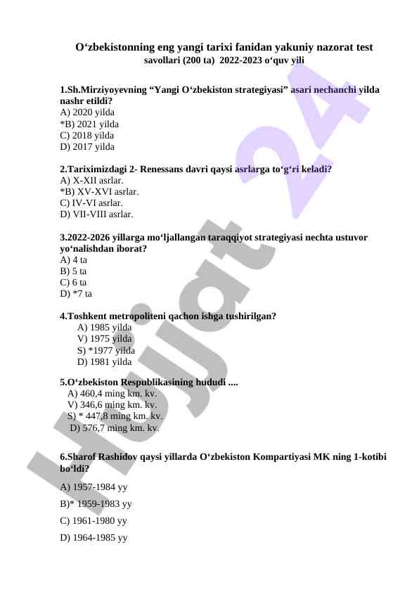 O‘zbekistonning eng yangi tarixi test savollari