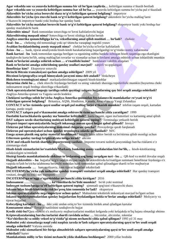 Akkreditiv turi va amaliyotlari bo'yicha ma'lumotlar