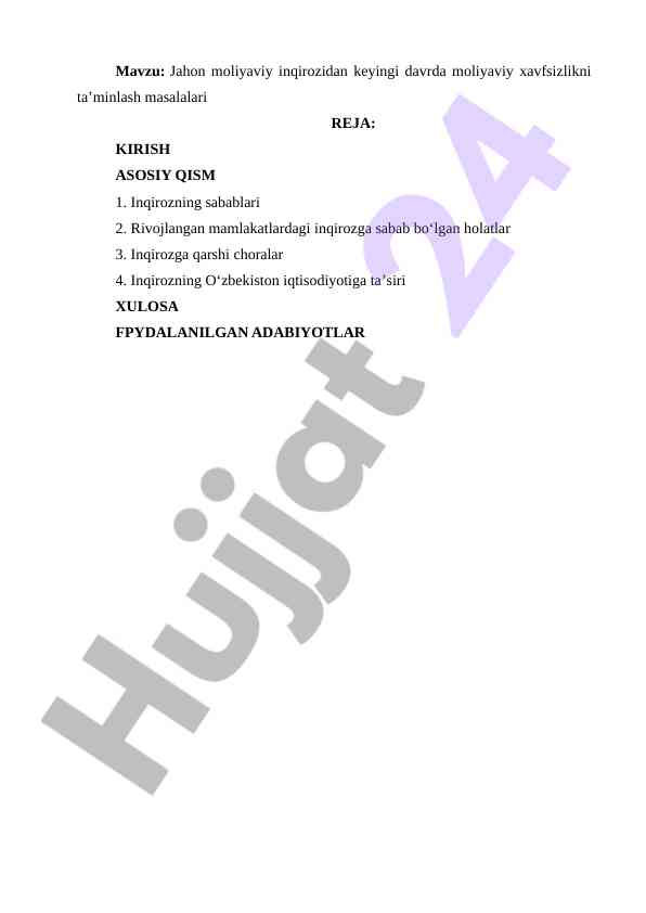 Moliyaviy xavfsizlikni ta'minlash masalalari