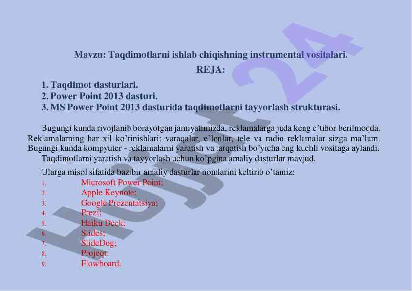 Taqdimotlarni ishlab chiqishning instrumental vositalari
