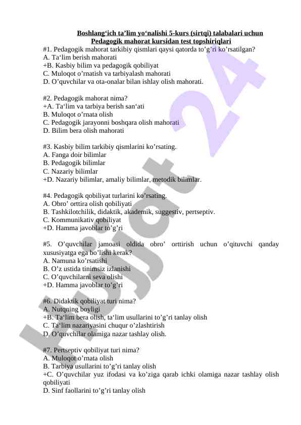 Pedagogik mahorat kursi test topshiriqlari