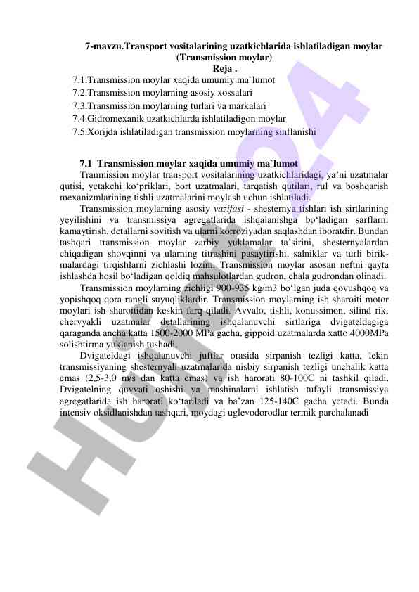Transport vositalarining uzatkichlarida iqtisodiy moylar