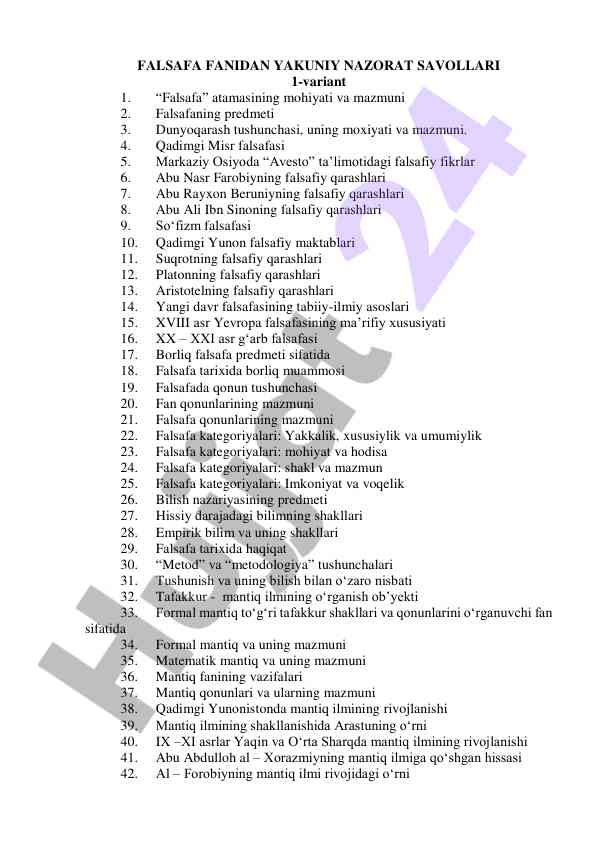 Falsafa fanidan yakuniy nazorat savollari 1-variant