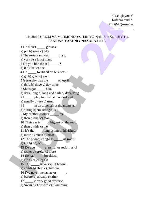 English language final assessment for tourism students