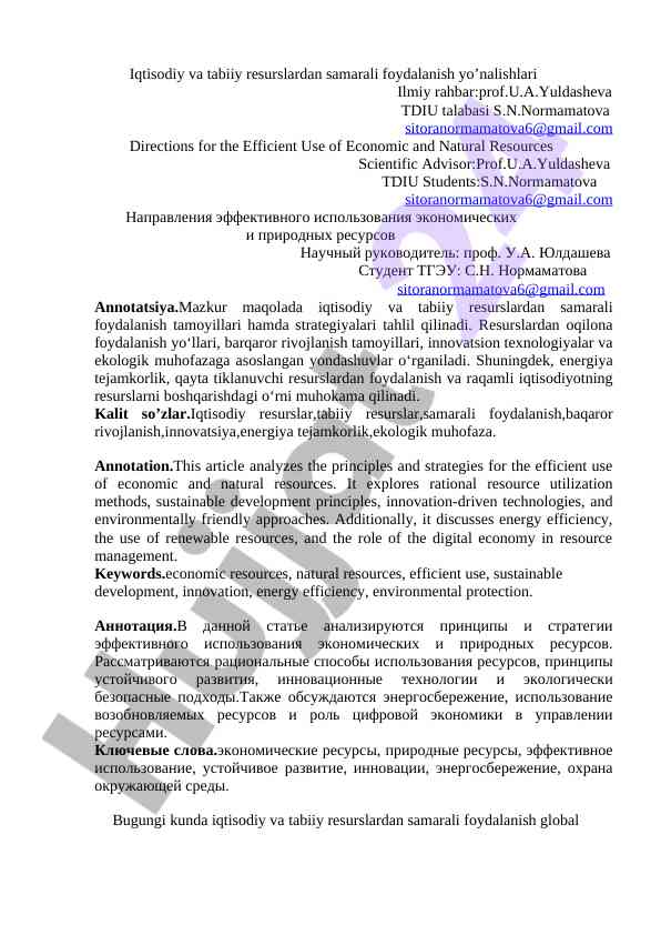 Iqtisodiy va tabiiy resurslardan samarali foydalanish