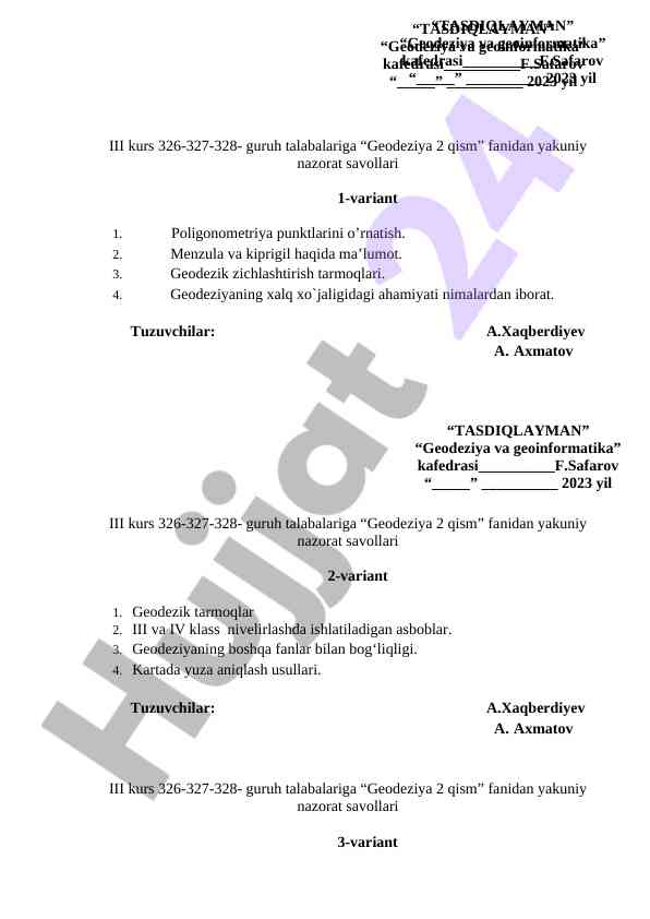 Geodeziya 2 qism fanidan yakuniy nazorat savollari