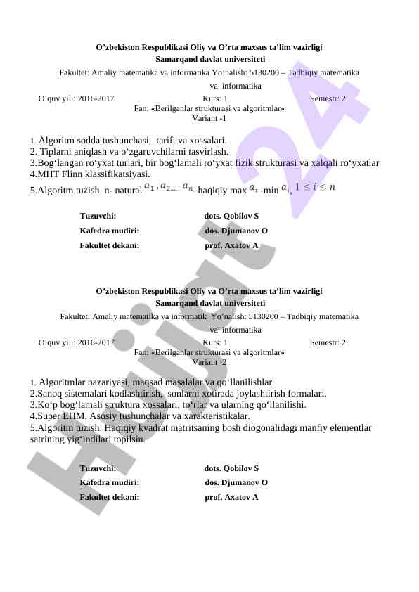 Algoritmlar tushunchasi va strukturasi