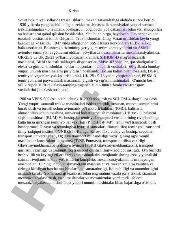 Trassa ishlari mexanizatsiyalashining tarixi