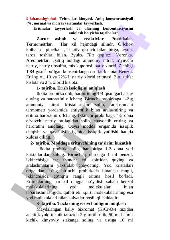 Eritmalar kimyosi tajribasi va analizi