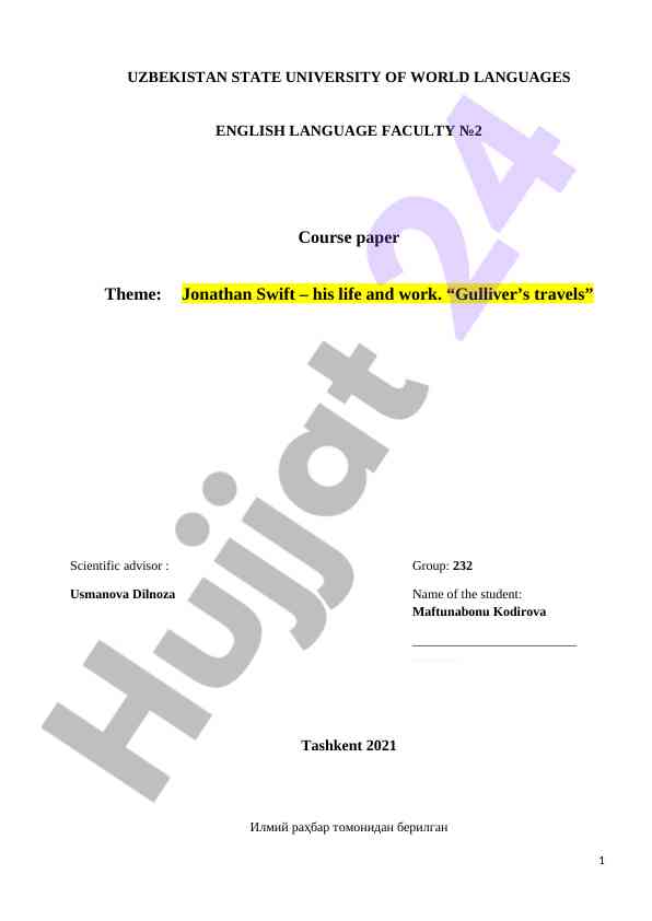 Jonathan swift - u ning hayoti va ishi