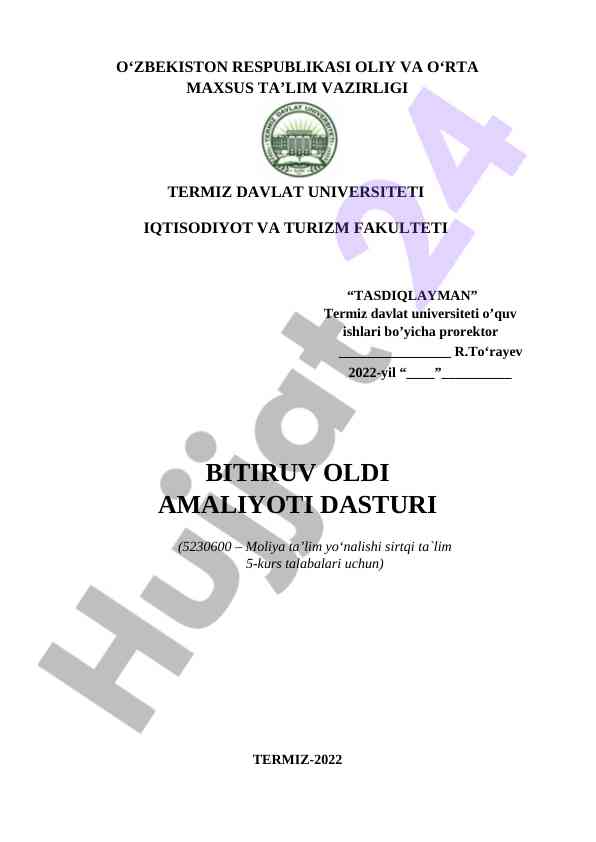 Moliya ta'lim yo'nalishida amaliyot dasturi