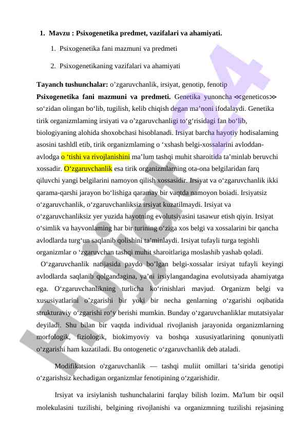 Psixogenetika fani mazmuni va ahamiyati