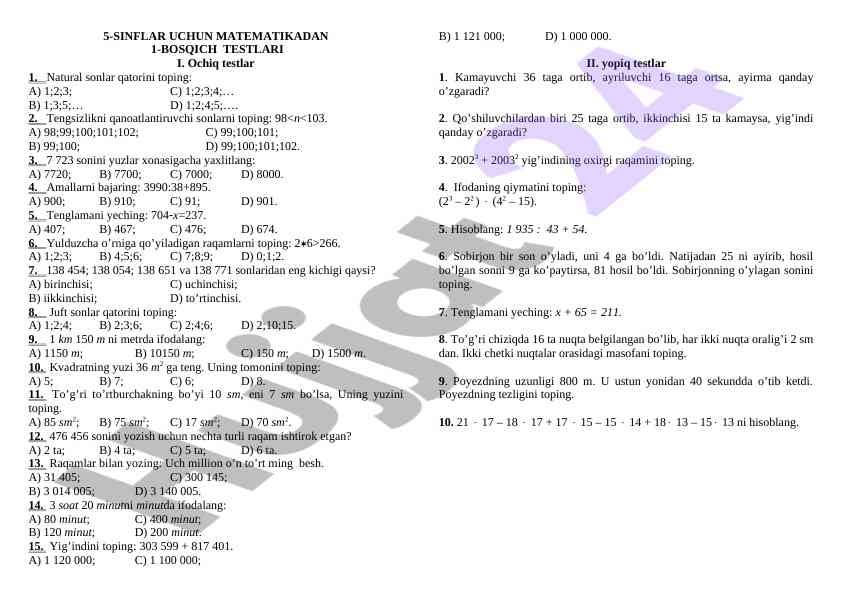 5-sinflar uchun matematikadan testlar
