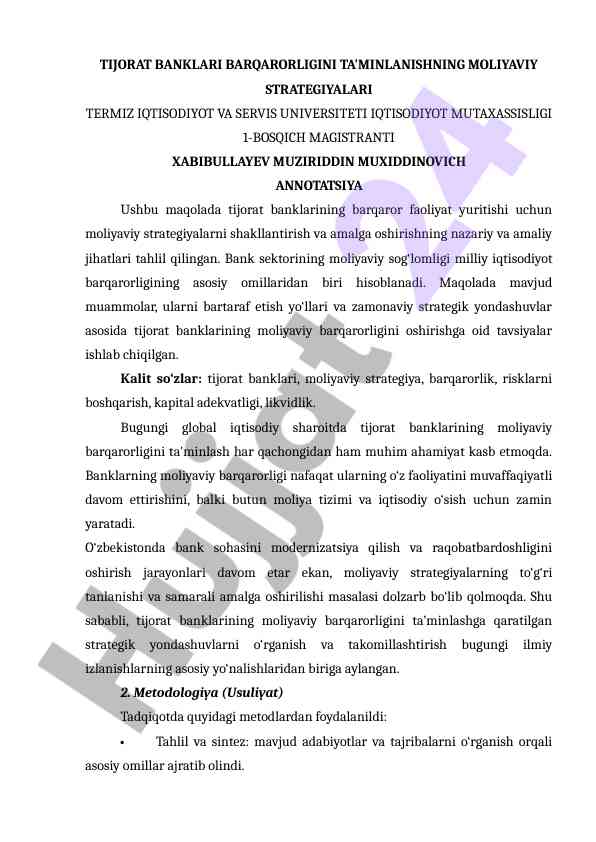Tijorat banklari barqarorligini ta'minlashning strategiyalari